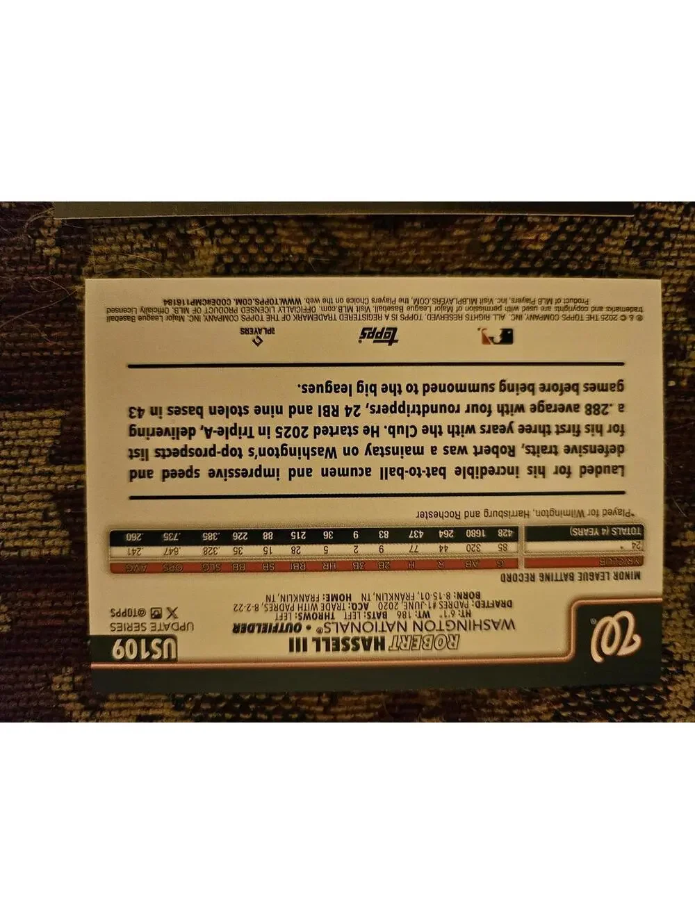 2025 Topps Update - Robert Hassle - RC #US109 - Nationals RAW Mint - Rookie